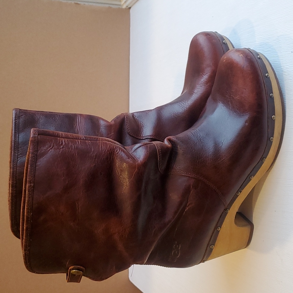UGG Brown Leather Sherpa Lynnea Foldover Clog Boots 10
